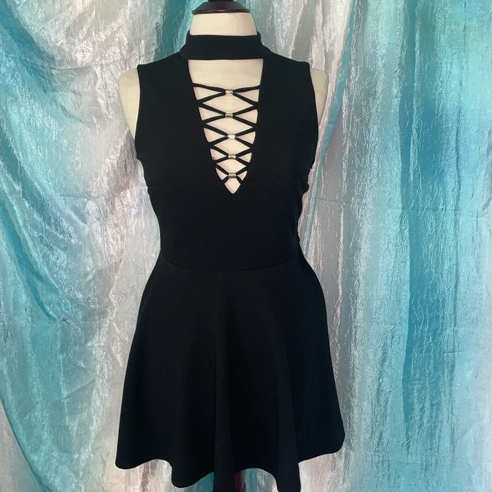 Long v-neck black dress.